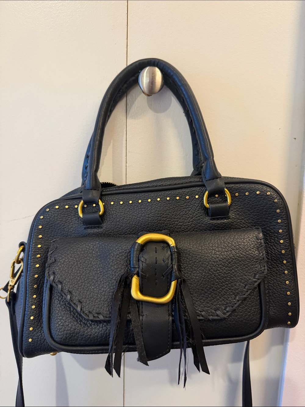 Steve Madden Black Faux Leather Top-Handle Purse with Gold Hardware